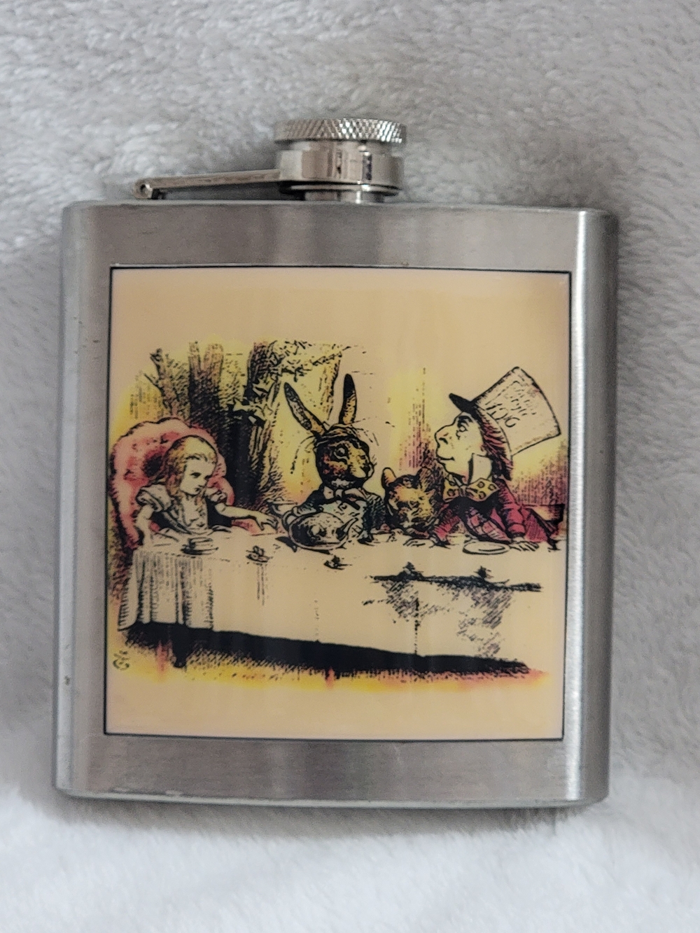 Vintage-Style Stainless Steel Alice In Wonderland Tea Party Hip Flask in Cream
